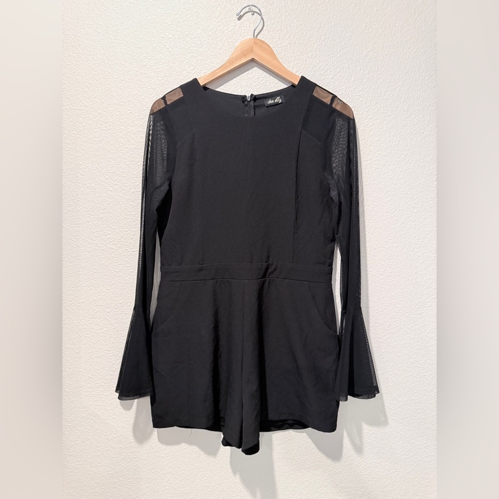 Dee Elly Black Romper Mesh Bell Sleeves Pockets Medium Chic Minimalist Cocktail